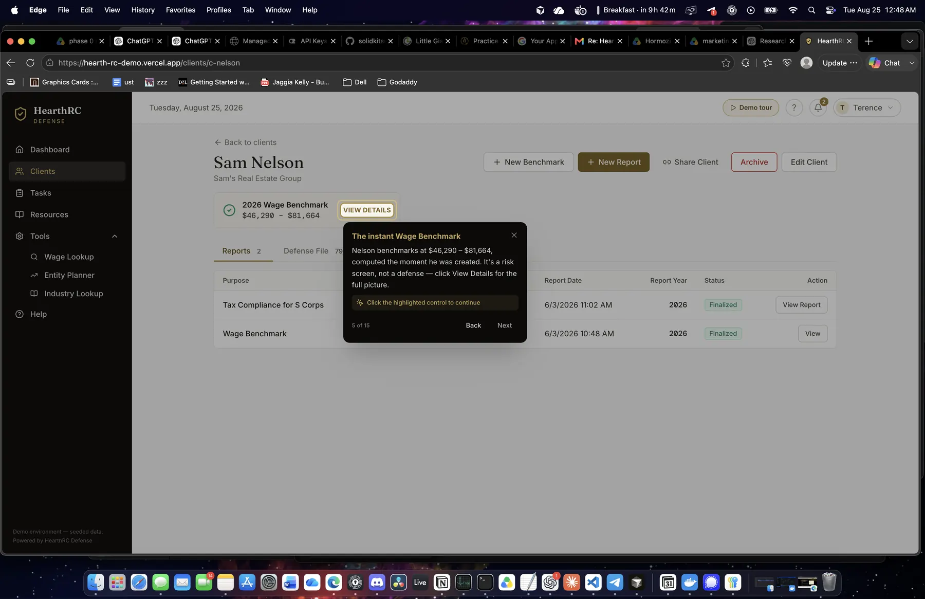 HearthRC Defense client detail and wage benchmark