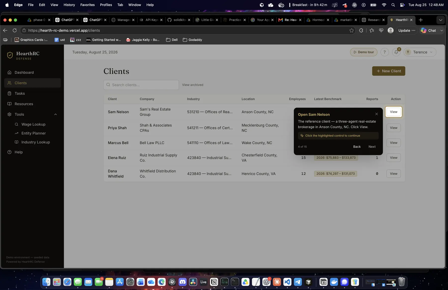 HearthRC Defense client record used to keep reasonable-compensation work connected to the client