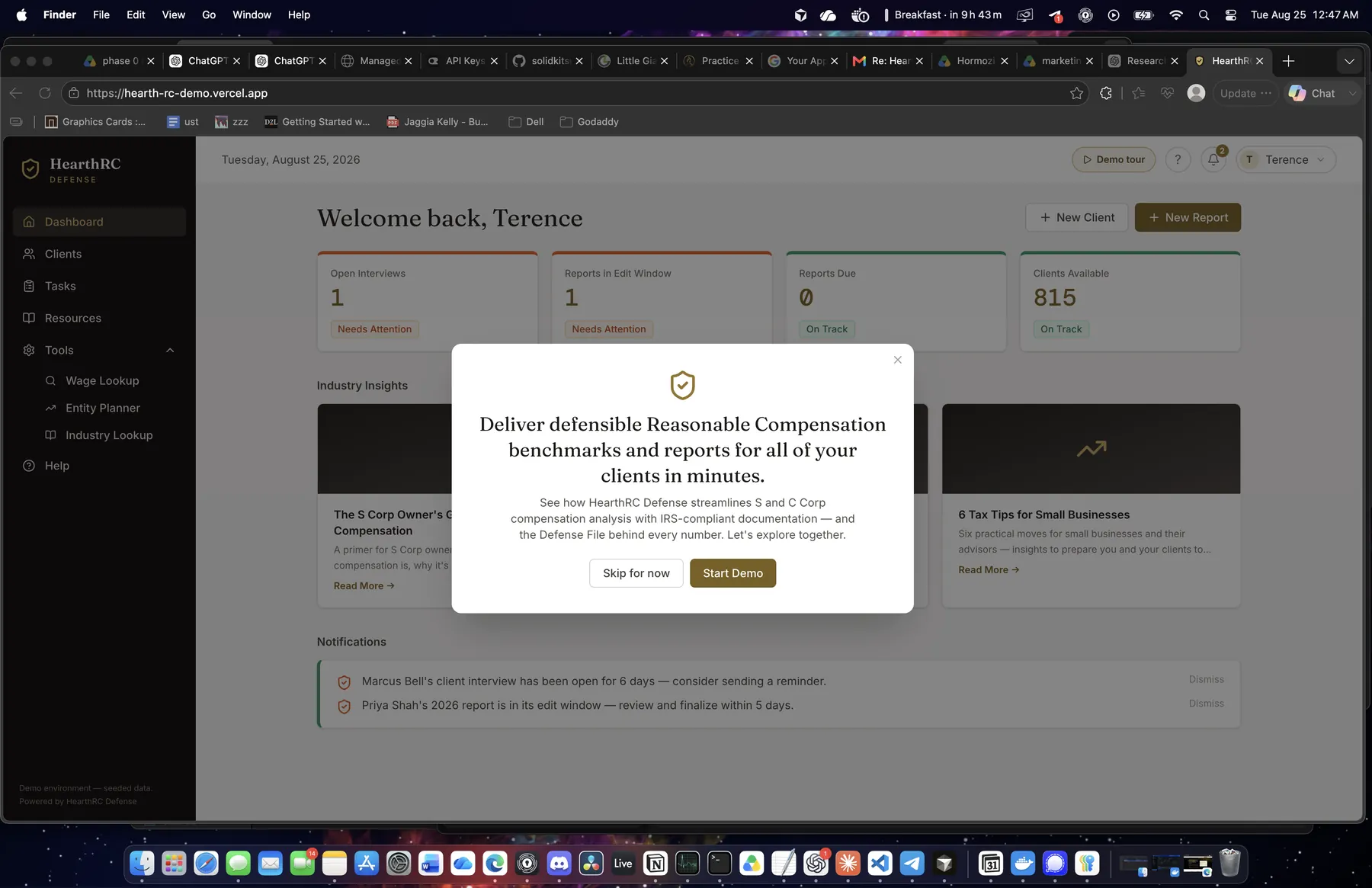 HearthRC Defense product tour — Client → Screen → Intake → Analyze → Report → File