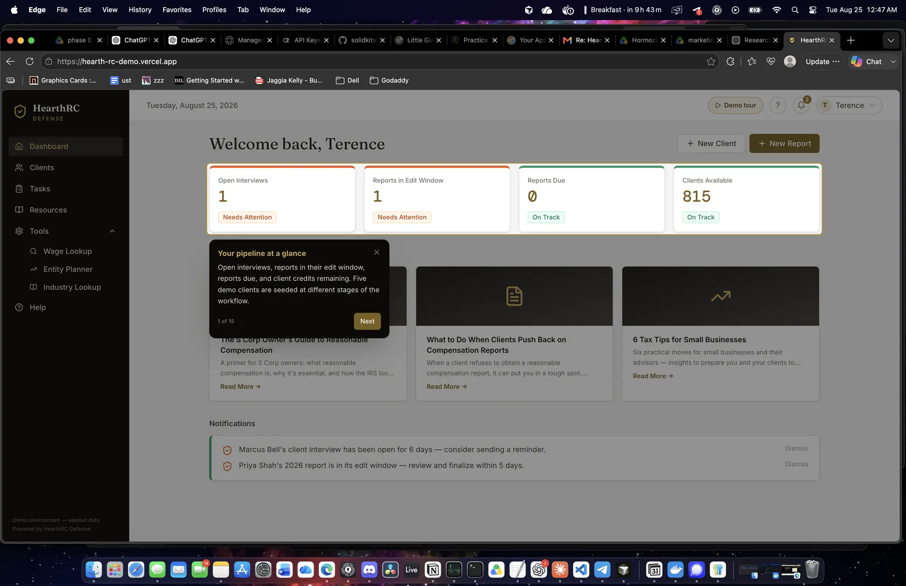 HearthRC Defense client roster and firm dashboard