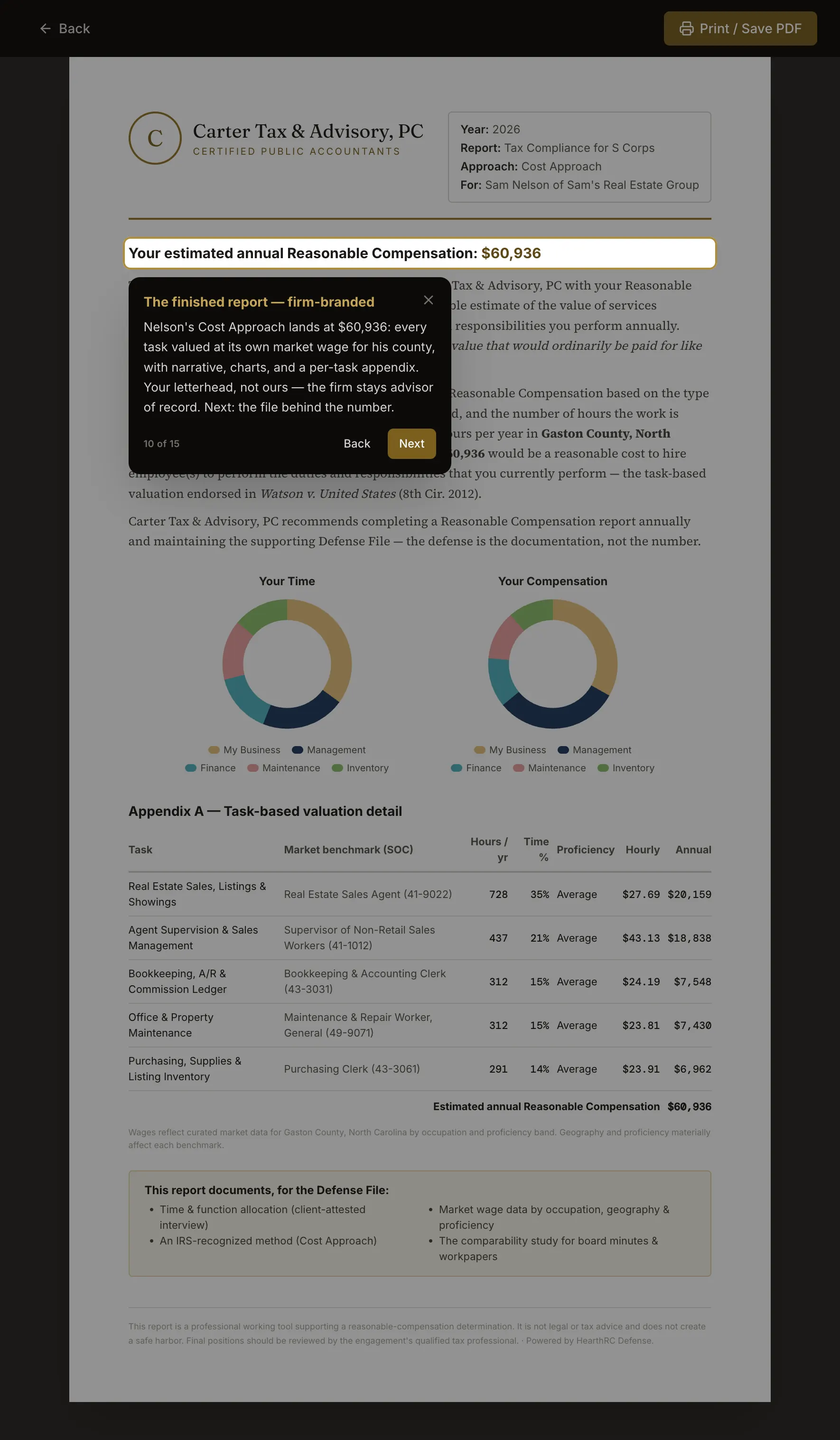 HearthRC Defense demo showing a firm-branded reasonable compensation report